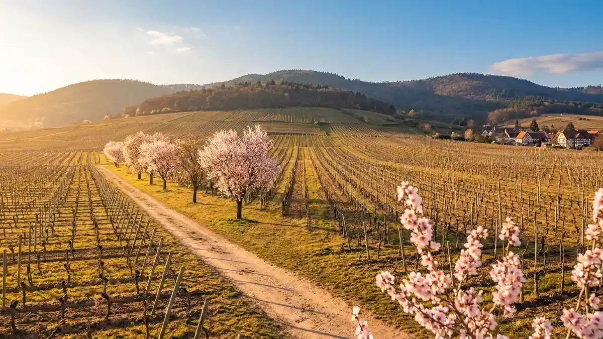 Sun-drenched Pfalz vineyards rolling toward the Haardt hills under a warm blue sky, neat rows of vines with almond trees in early blossom