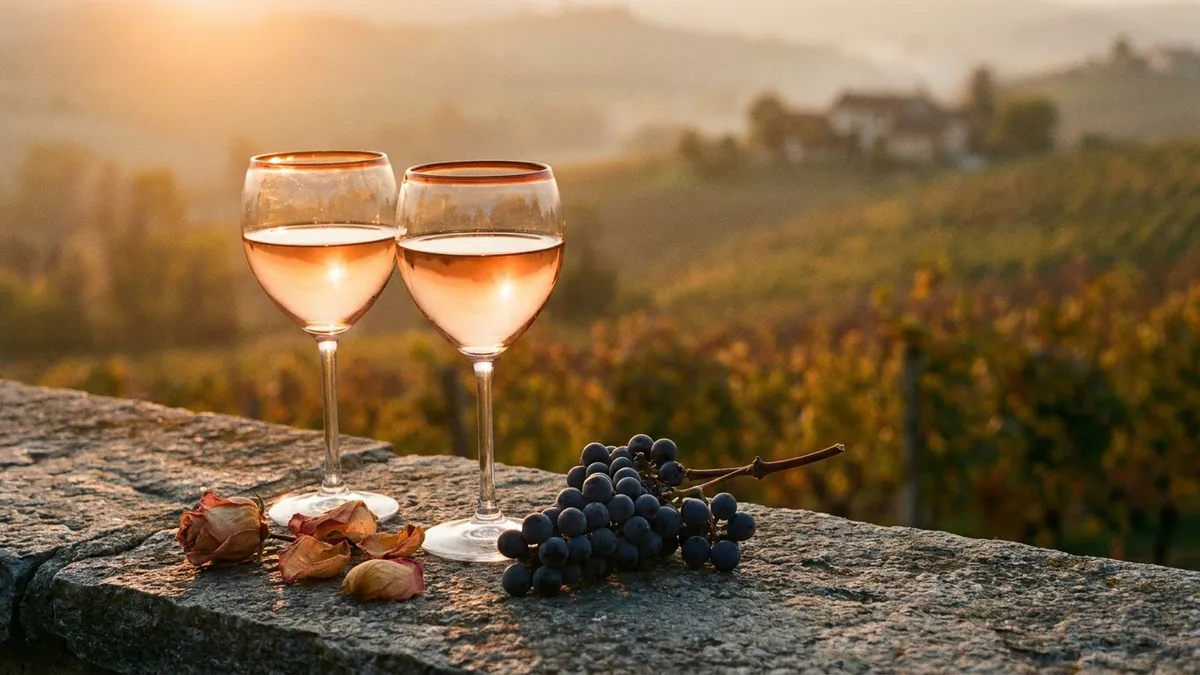 Two glasses of pale garnet Nebbiolo wine on a stone ledge overlooking misty Langhe vineyards in Piedmont