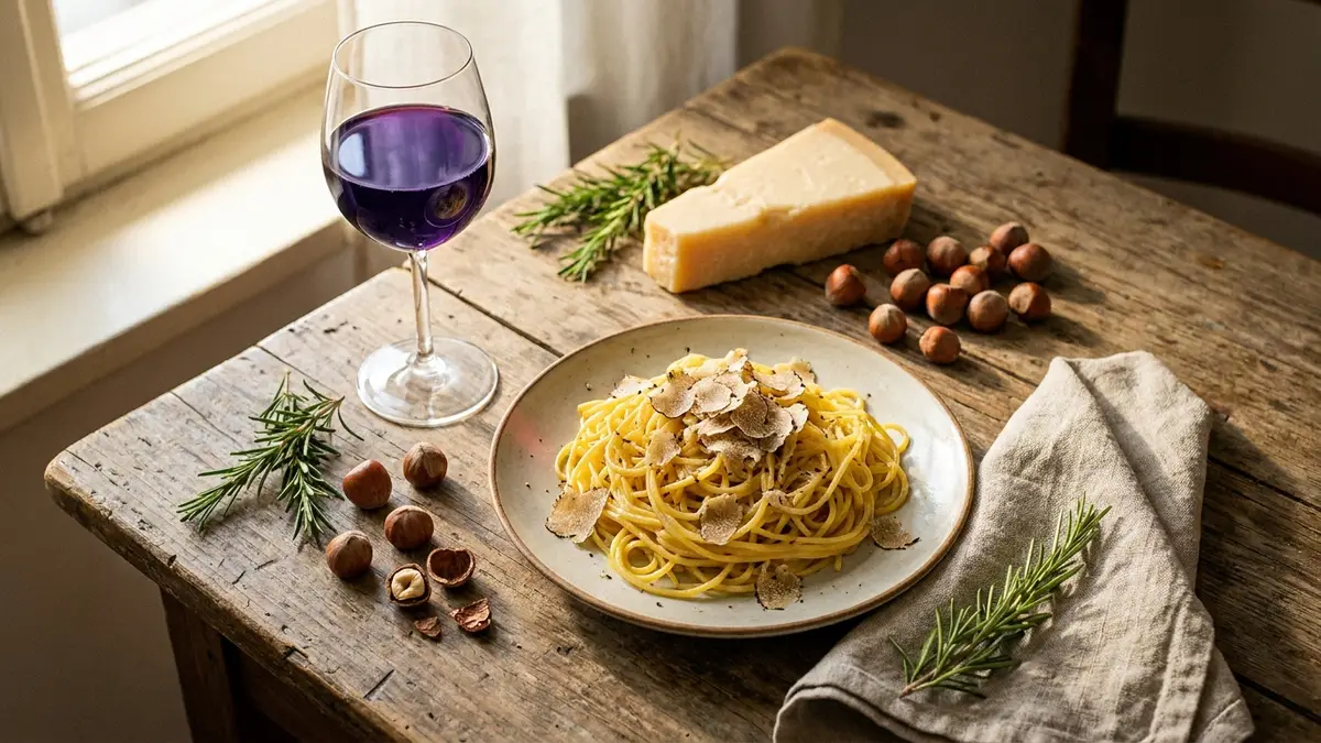 Rustic Piedmont table with a glass of deep purple Barbera, hazelnuts, and a plate of tajarin pasta with truffle