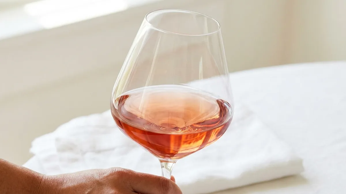 A translucent glass of pale ruby Pinot Noir held at an angle against a white background, showing the grape's characteristic light color and brilliant clarity