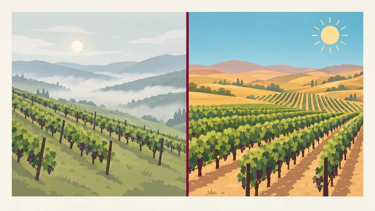 A cool, misty hillside vineyard under a pale sky on the left and a sunny, dry vineyard slope under a strong sun on the right