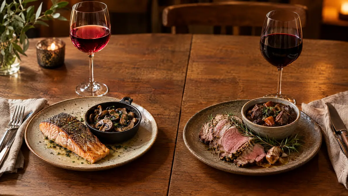 Grilled salmon with sautéed mushrooms beside a glass of pale red wine on the left, and sliced roast lamb with a bowl of beef stew beside a darker red wine on the right