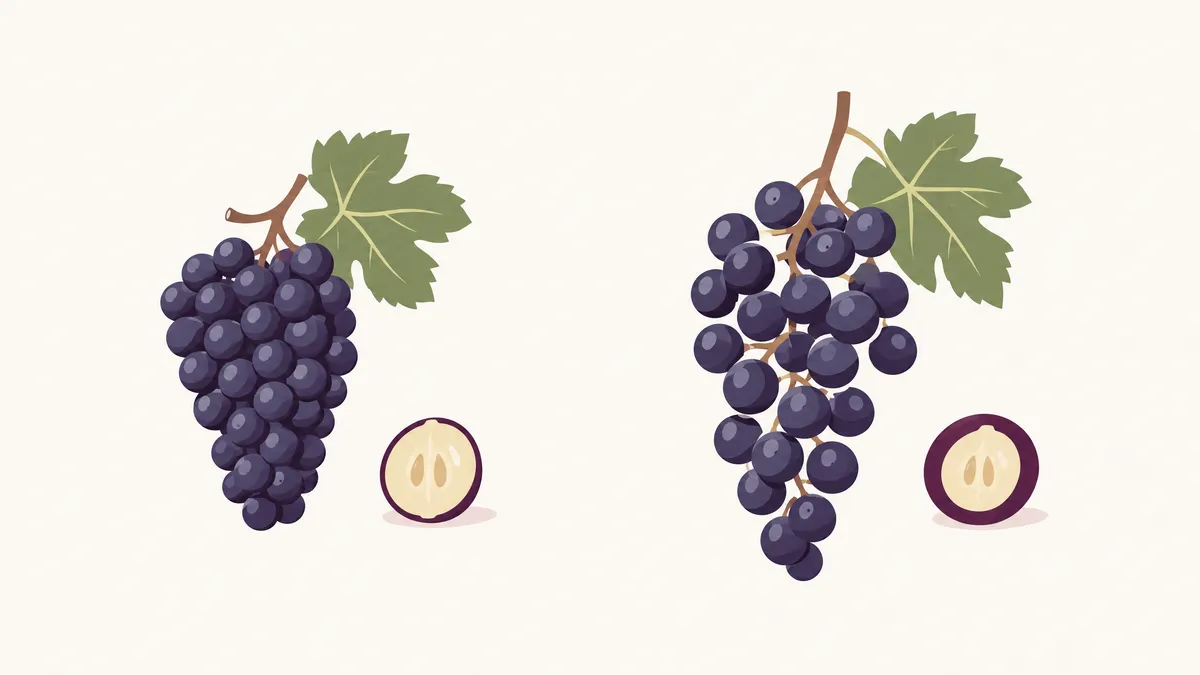 Two red grape clusters side by side: a small, tight Pinot Noir cluster with a thin-skinned berry cut open, and a looser Merlot cluster with a thicker-skinned berry cut open