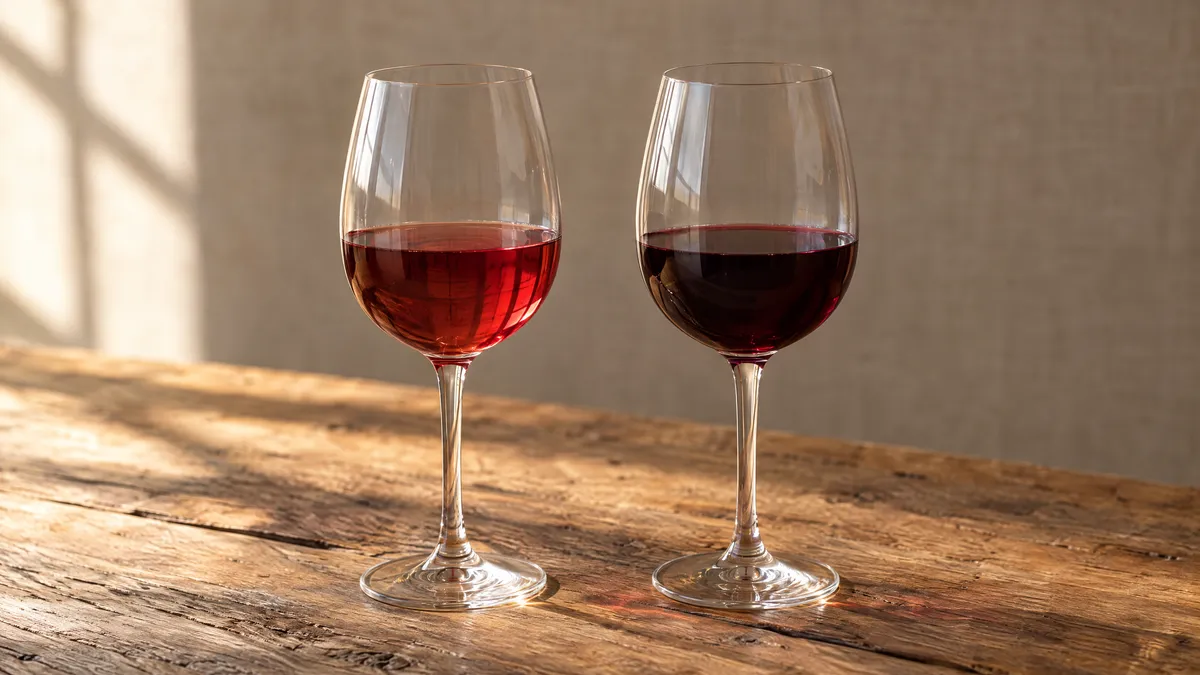 Two glasses of red wine on an oak table, a pale translucent ruby Pinot Noir on the left and a deeper, darker Merlot on the right