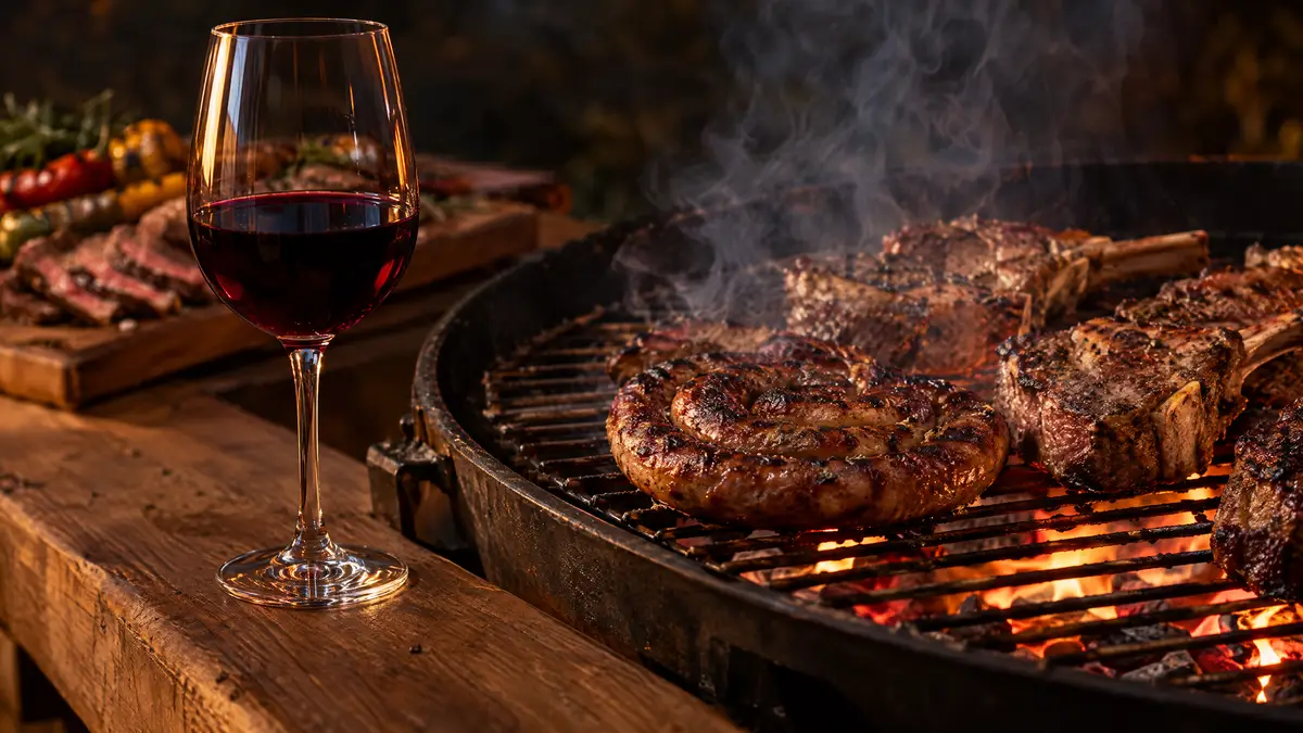 Spiced sausage and lamb chops charring over glowing coals at dusk, with a glass of deep purple-red wine on the wooden edge of the grill