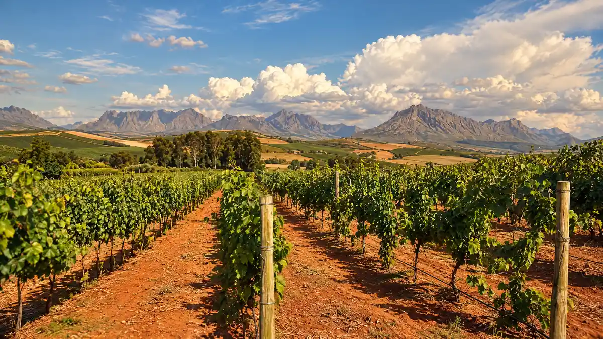 Rows of green vines on red-brown soil running toward jagged grey mountains in South Africa's Cape winelands under a wide sky
