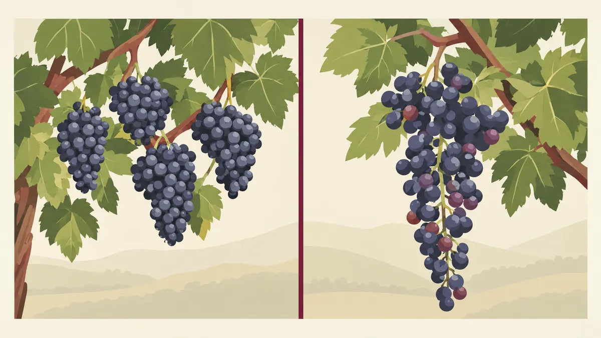 Two red grape varieties on the vine side by side: small, tightly packed blue-black Pinotage clusters on the left and a longer, looser blue-black Merlot cluster on the right