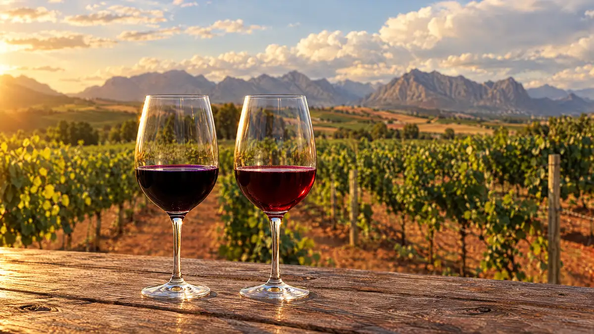Two glasses of red wine on an outdoor wooden table, a near-black purple Pinotage on the left and a deep ruby Merlot on the right, with vineyards and mountains blurred behind