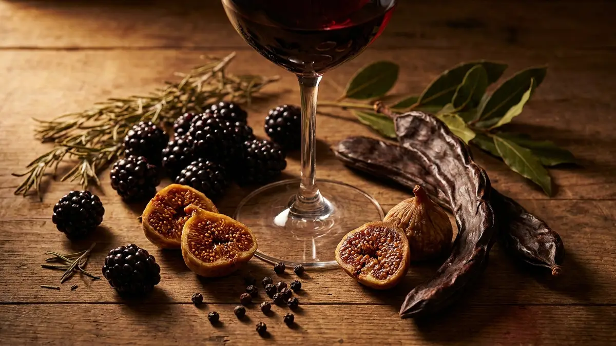 Close-up of Plavac Mali wine showing dark berry fruit, dried fig, and sprigs of Mediterranean herbs