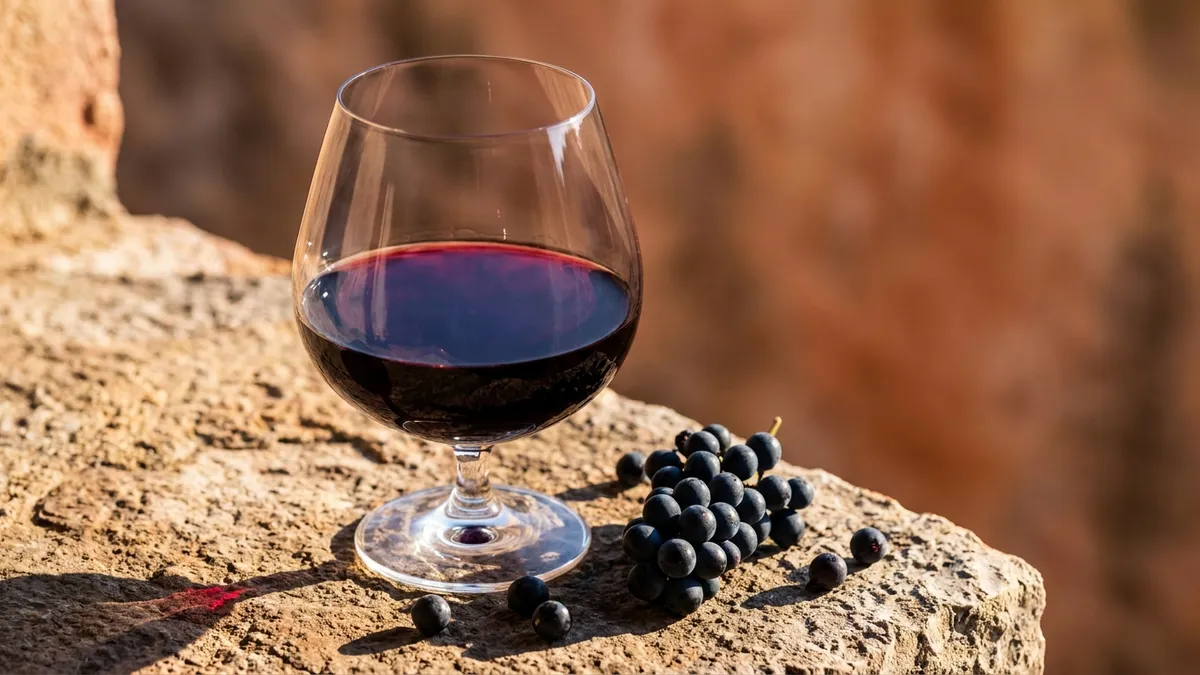 Deep purple-ruby Plavac Mali wine in a large glass beside small dark grape clusters on a stone surface