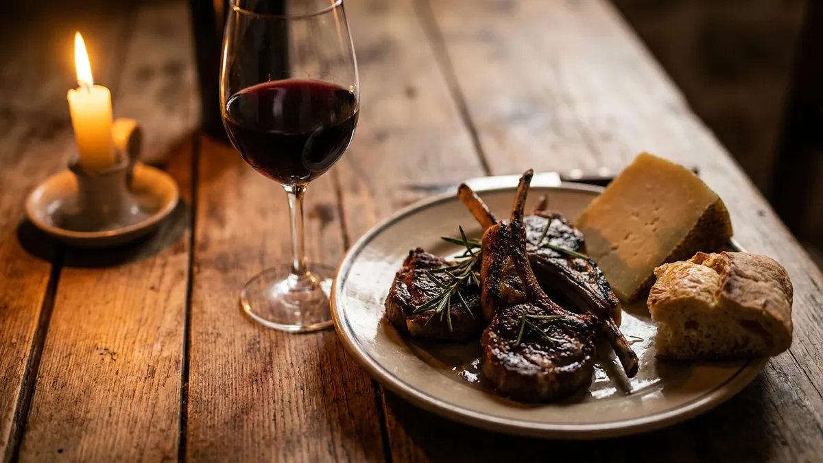 A glass of Plavac Mali beside grilled lamb and herbs on a rustic Dalmatian table