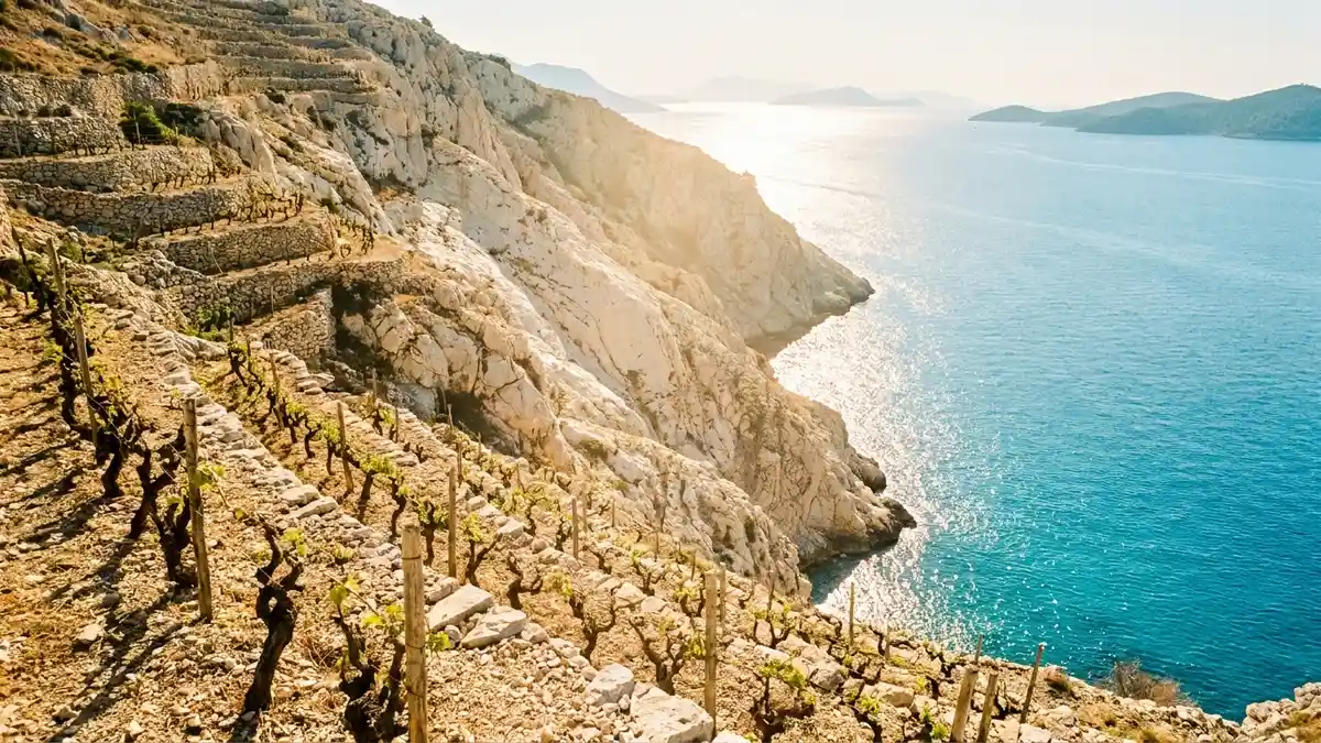 A steep, terraced Dalmatian coastal vineyard of low Plavac Mali vines descending toward the blue Adriatic Sea