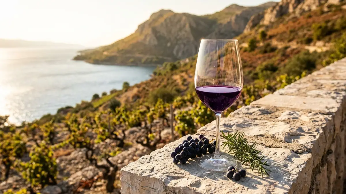 A glass of deep purple-ruby Plavac Mali wine on a stone ledge above a steep, sun-baked Dalmatian coastal vineyard with the blue Adriatic behind