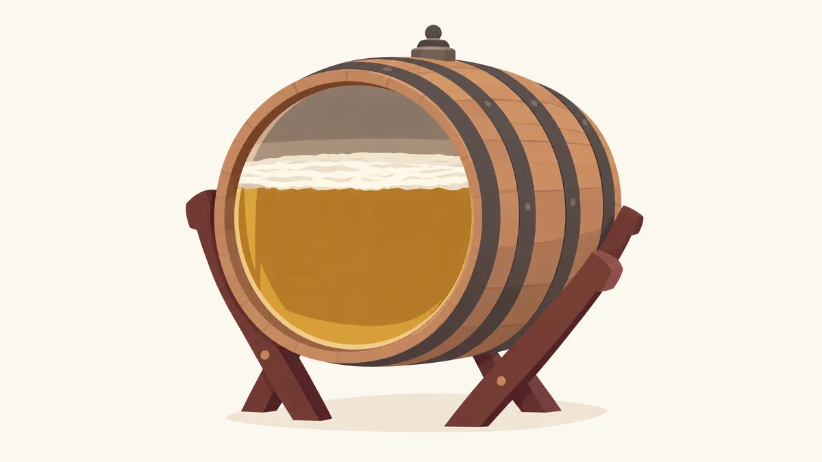 A cut-away wooden sherry barrel on a stand, part full of golden wine, with a thick creamy film of flor yeast floating on the surface and air above it