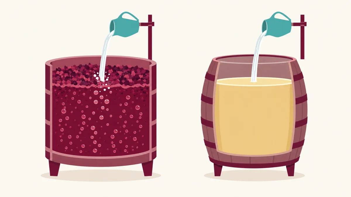Two side-by-side illustrations: clear spirit pouring into a vat of red grape juice that is still bubbling, and into a still barrel of pale finished wine