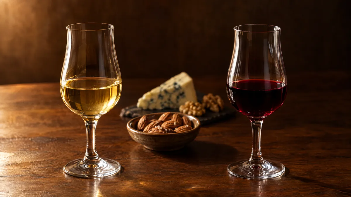 A small glass of pale gold fino sherry beside a glass of deep ruby port on a dark wooden table, with salted almonds and blue cheese