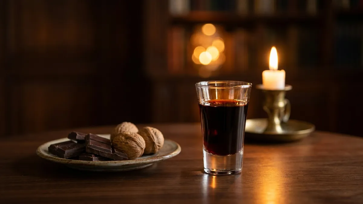 Glasses of ruby and tawny Port wine alongside a traditional Port decanter on a dark wooden surface