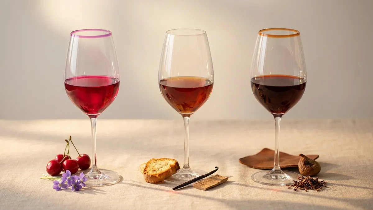 Three wine glasses of the same grape showing pale youth, medium maturity, and deep aged color