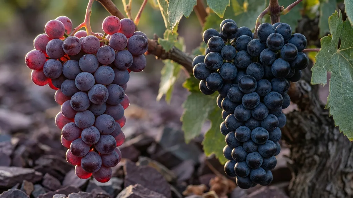 Side-by-side close-up of ripe Garnacha and Cariñena grape clusters on the vine, deep purple-black berries with dusty bloom, dark slate soil behind