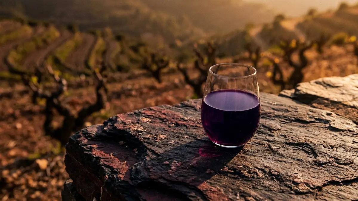 A glass of deep, opaque purple-ruby Priorat red wine on a slate ledge, steep terraced vineyards blurred in the warm background