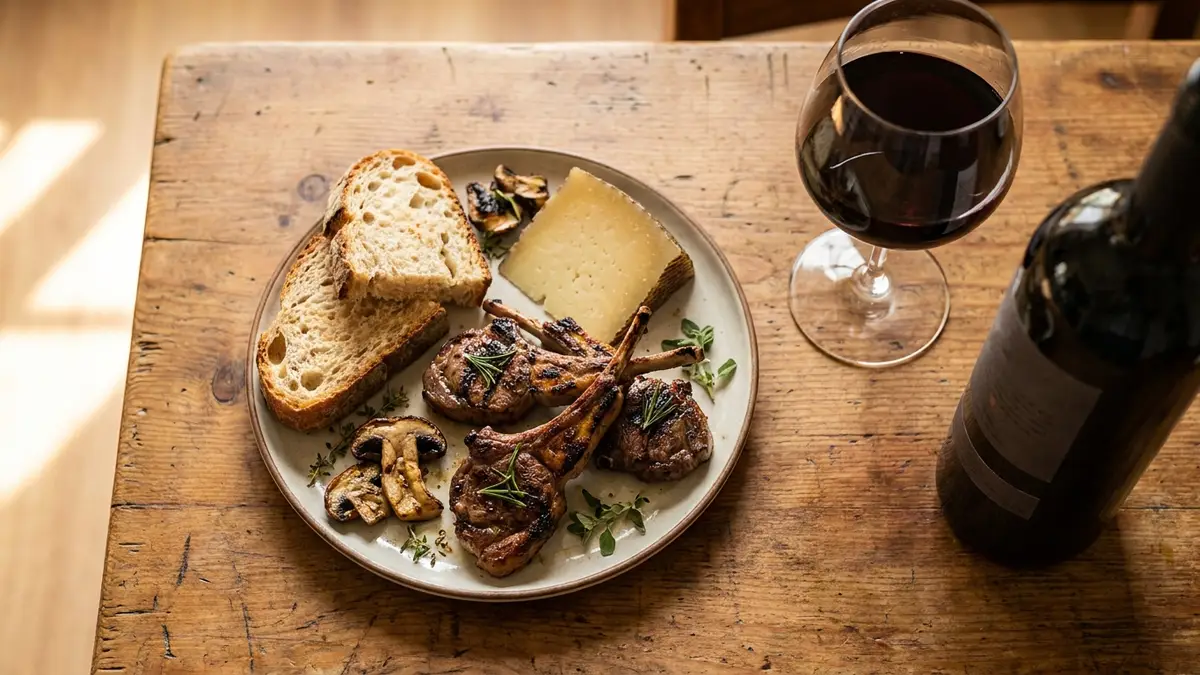 Overhead shot of a rustic Catalan meal — grilled lamb, aged Manchego cheese, and crusty bread — beside a glass of dark Priorat red on a wooden table
