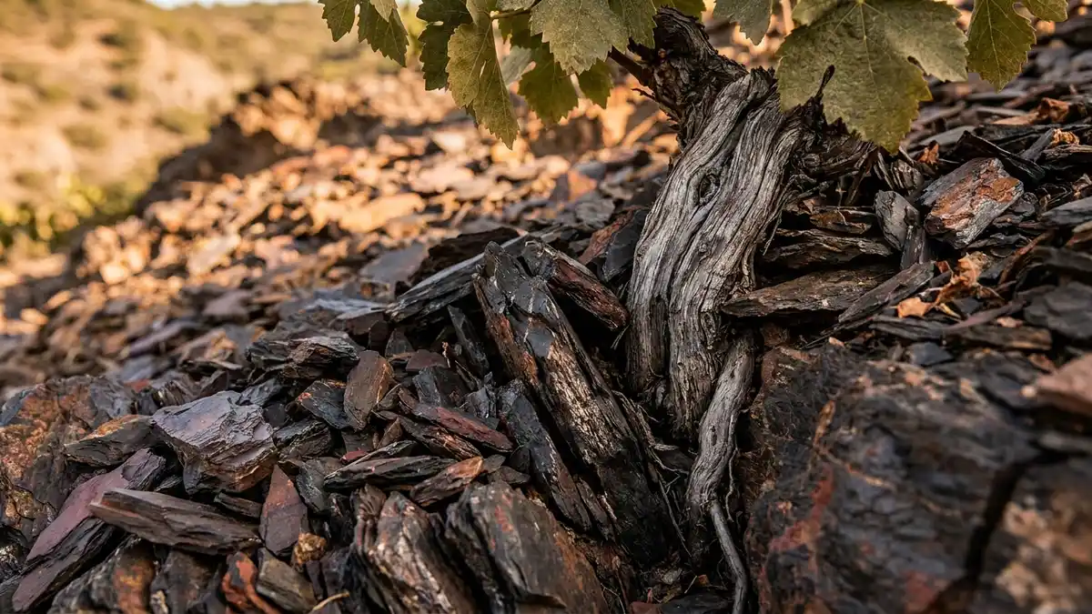 Close-up of dark reddish-black llicorella slate soil with a gnarled old Garnacha vine rooted into the rock on a steep Priorat slope