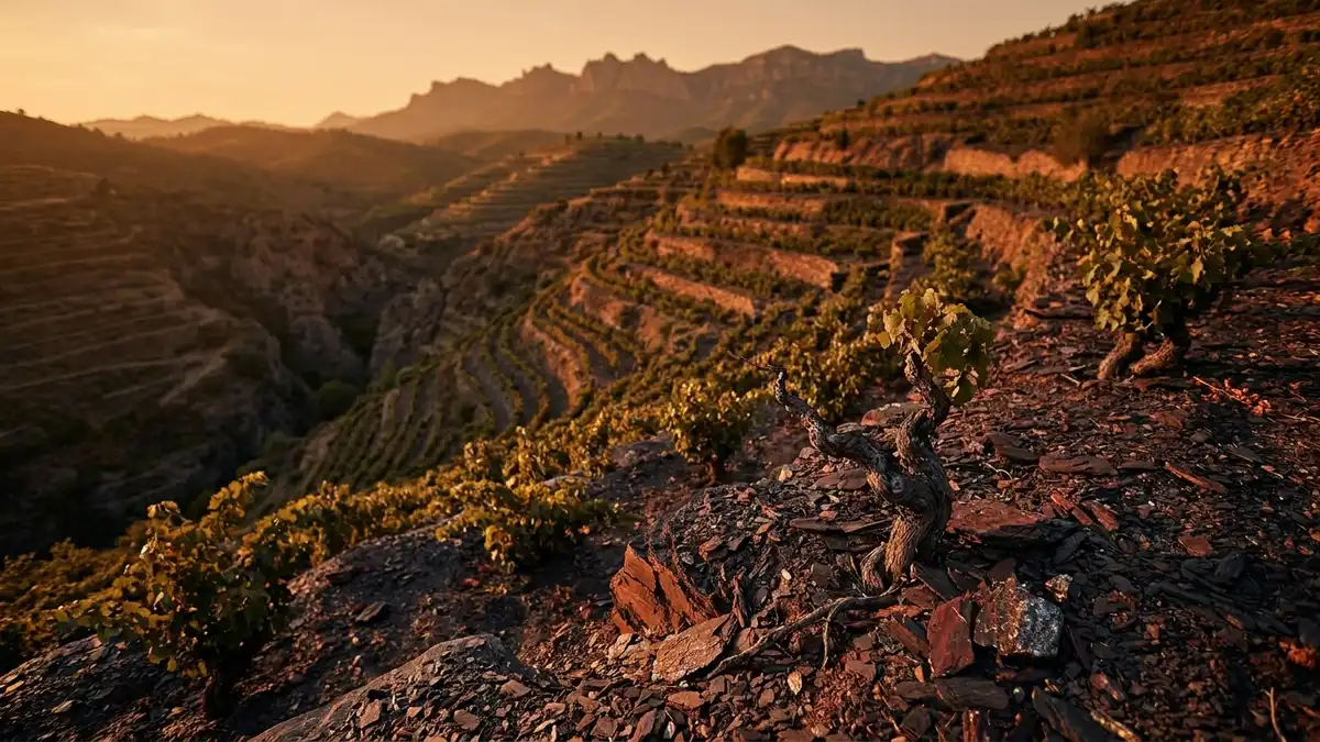 Steep terraced llicorella slate vineyards of Priorat in Catalonia at golden hour, gnarled old Garnacha vines clinging to dark slate slopes