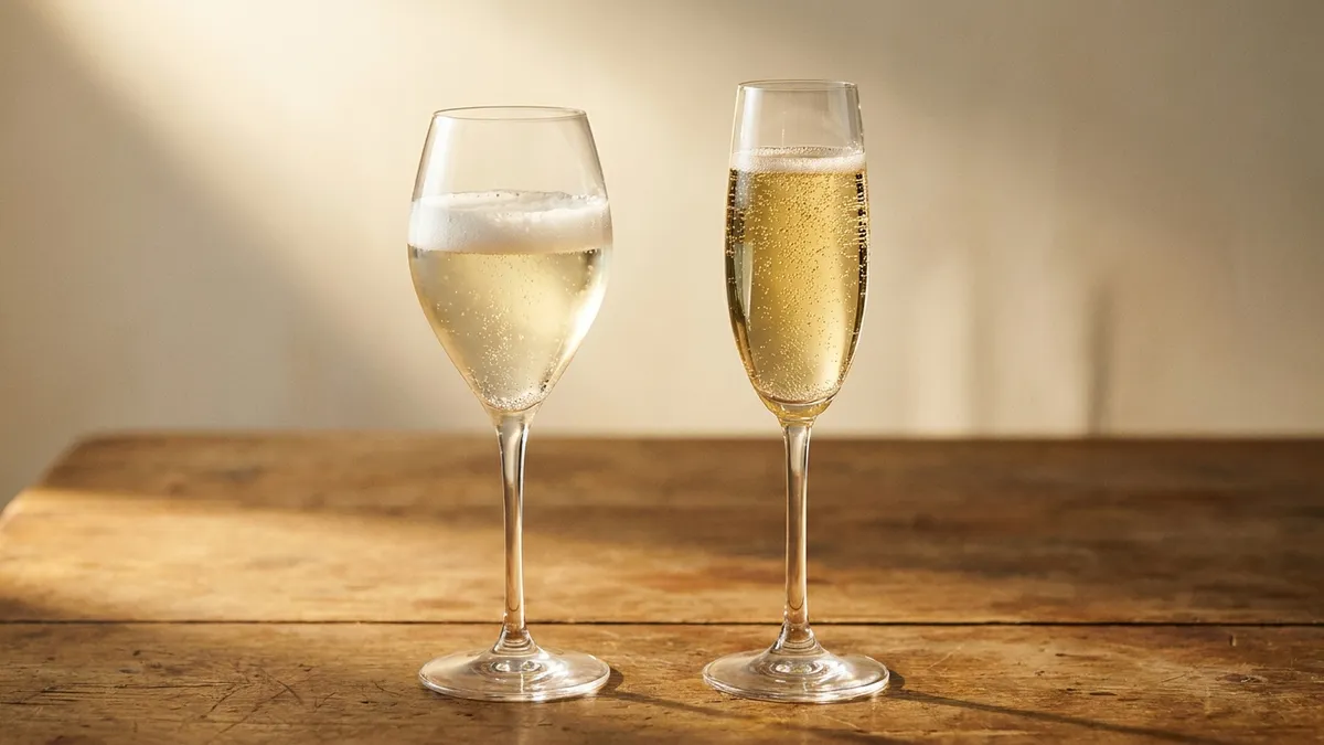 Two sparkling wine glasses side by side, one frothy pale Prosecco and one fine-beaded golden Champagne, for comparison