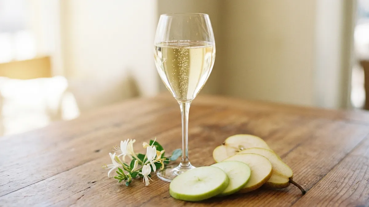Pale straw-gold Prosecco in a tulip glass with fine rising bubbles beside slices of green apple and pear