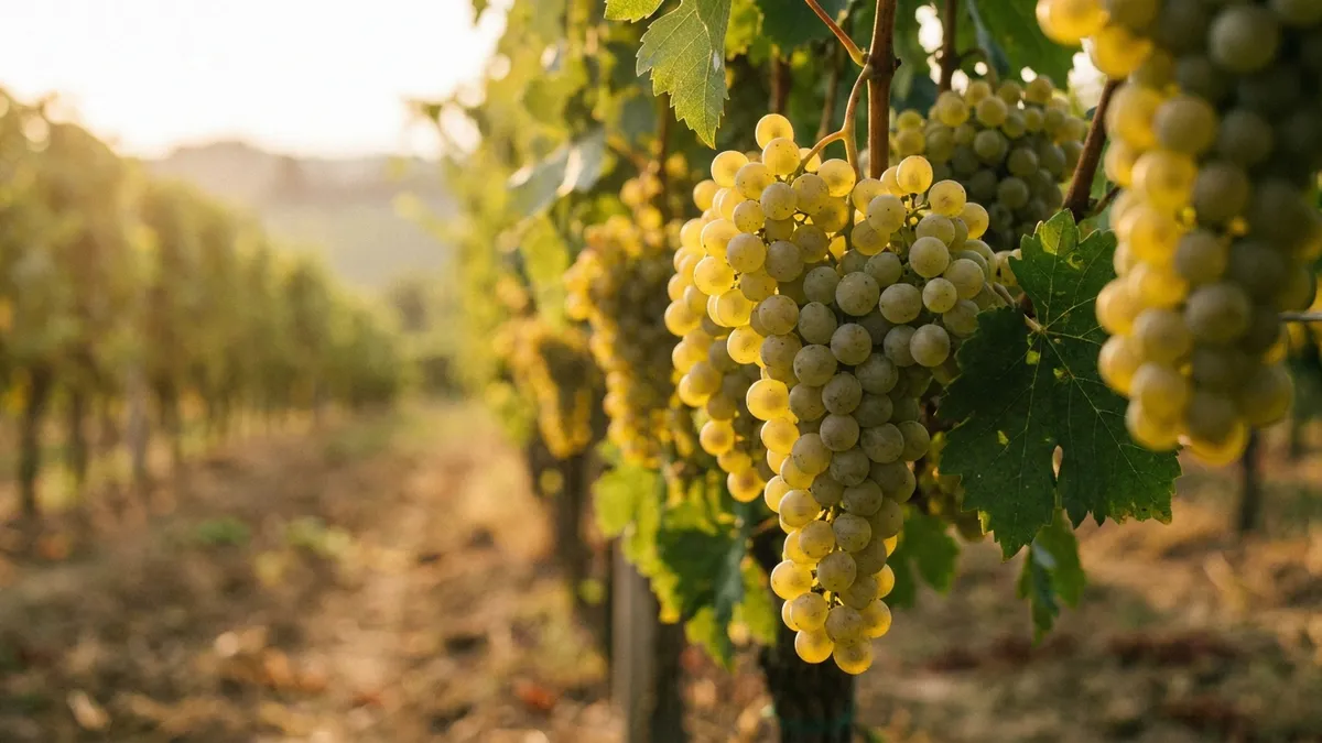 Green Glera grape clusters ripening on the vine in the Veneto hills under warm afternoon light