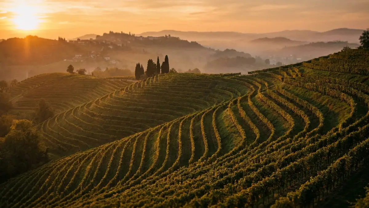 Steep terraced Glera vineyards on the Conegliano-Valdobbiadene hillsides in northeast Italy at golden hour