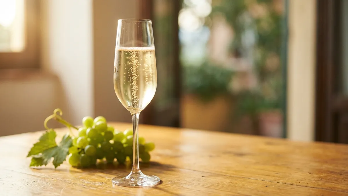 A flute of pale straw-gold Prosecco with fine rising bubbles beside a cluster of green Glera grapes on a warm wooden table