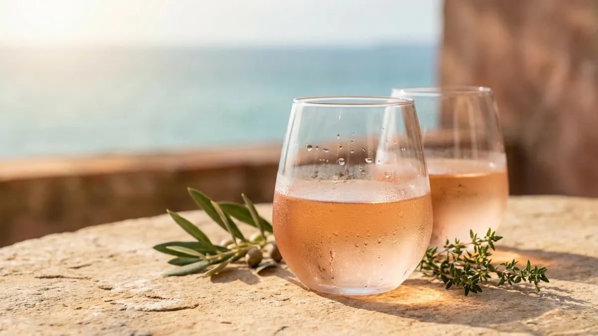 Two chilled glasses of pale salmon-pink Provence rosé on a stone table beside the Mediterranean, condensation on the glass, olive branches nearby