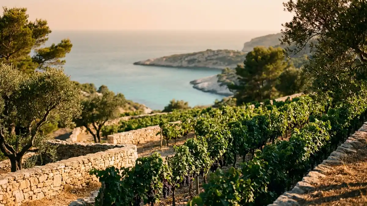 Stylized warm-toned view of the Provence coast near Bandol, terraced Mourvèdre vineyards on limestone slopes running down toward the sea