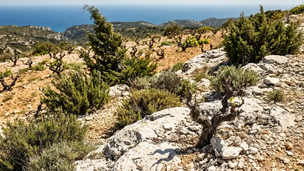 Sun-baked Provence hillside vineyard with low bush vines among limestone outcrops and wild herbs, the blue Mediterranean visible in the distance