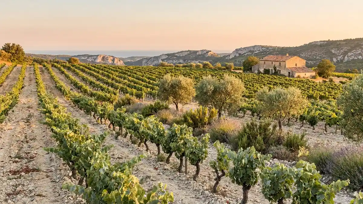 Sun-bleached Provence vineyard sloping toward the Mediterranean, neat rows of low Grenache vines among silver olive trees and limestone hills