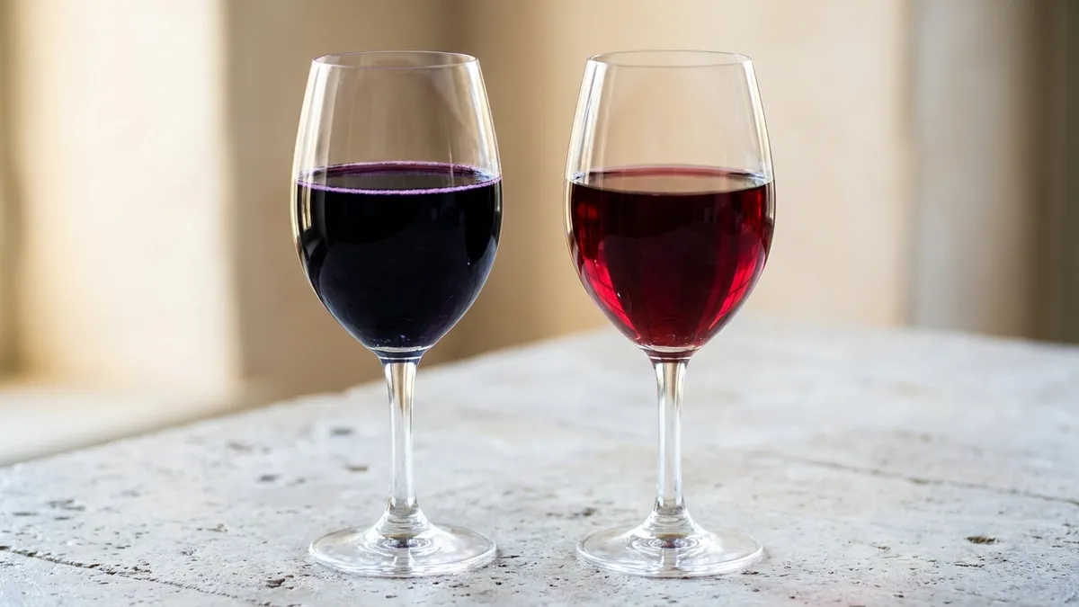 Two glasses of red wine side by side on a limestone tabletop, one inky purple-black and one slightly lighter ruby