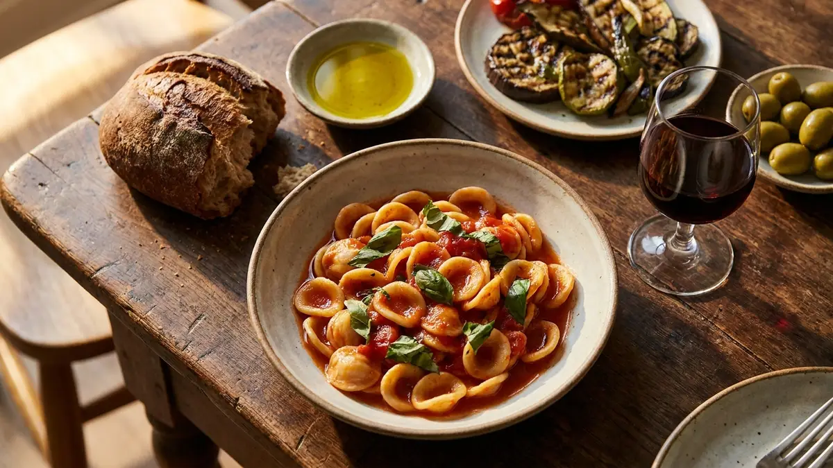 A rustic lunch table with a bowl of small ear-shaped pasta in tomato sauce, crusty bread, olive oil, grilled vegetables and a glass of red wine