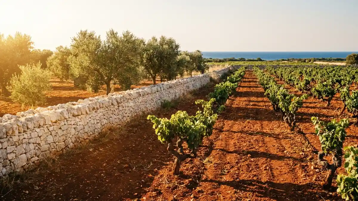 Old free-standing bush vines on rust-red earth beside a pale limestone wall in Puglia, with olive trees and the sea on the horizon