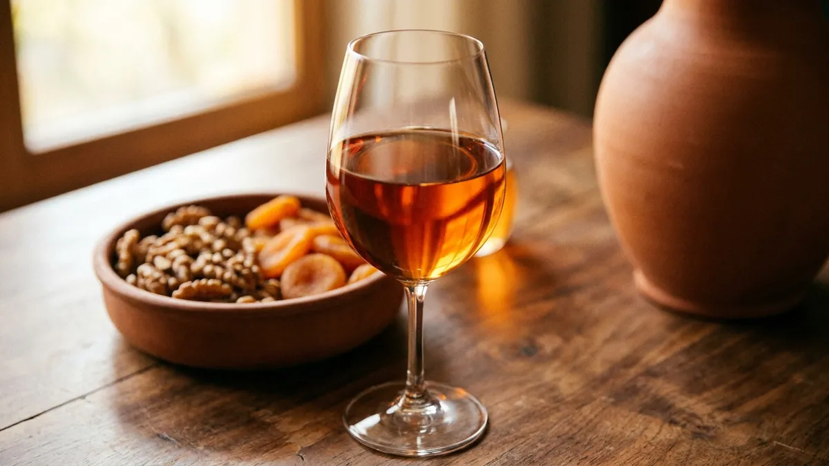 A stemmed glass of deep amber skin-contact wine glowing in window light beside walnuts and dried apricots on a wooden table