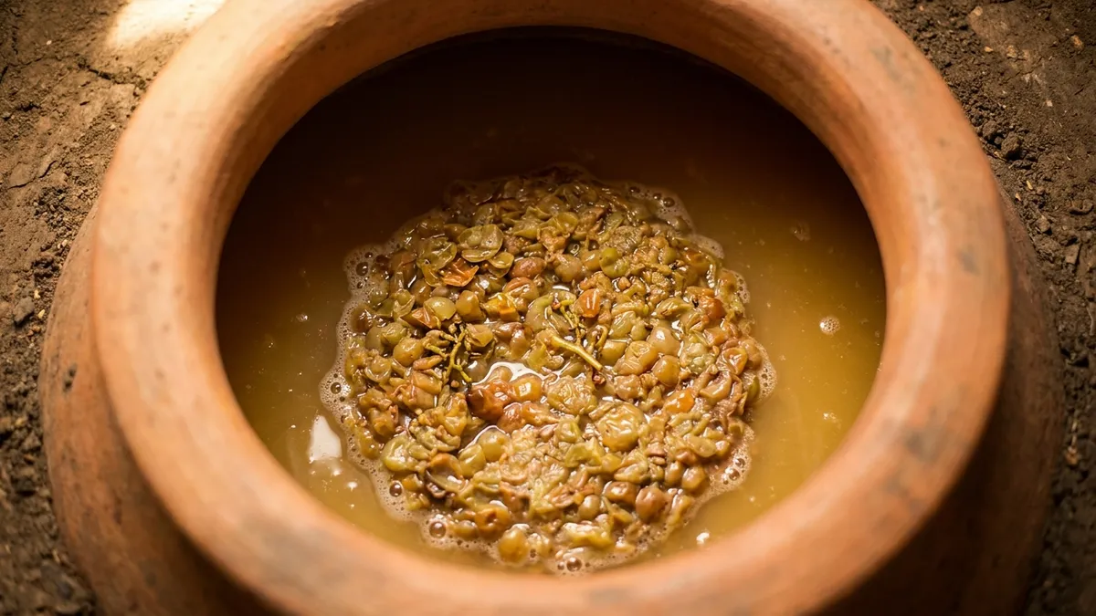 Looking down into an open qvevri at a floating cap of crushed white grape skins and stems over golden fermenting juice