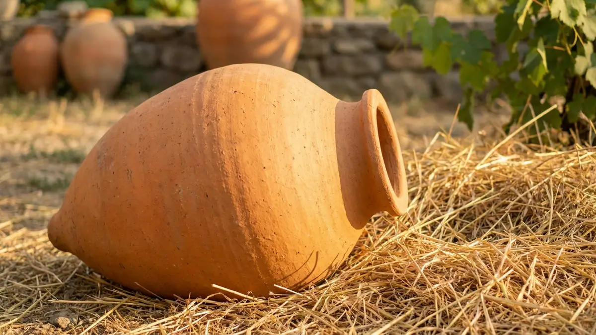 A large egg-shaped terracotta qvevri lying on straw in a sunlit potter's yard, waiting to be buried