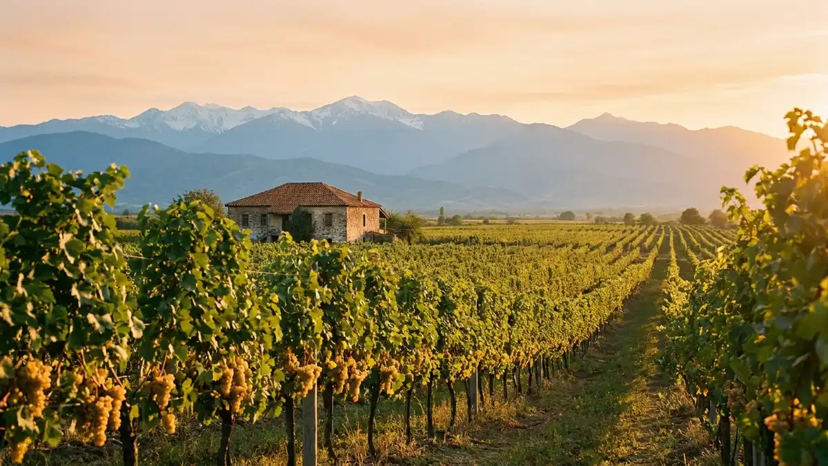 Rows of vines in a wide eastern Georgian valley at golden hour, with the snow-capped Caucasus mountains in the distance