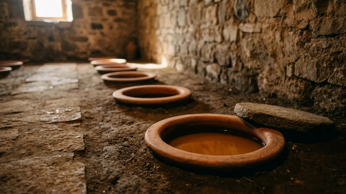 Rims of large clay qvevri vessels set flush with the earthen floor of a Georgian stone cellar, one open and holding amber wine