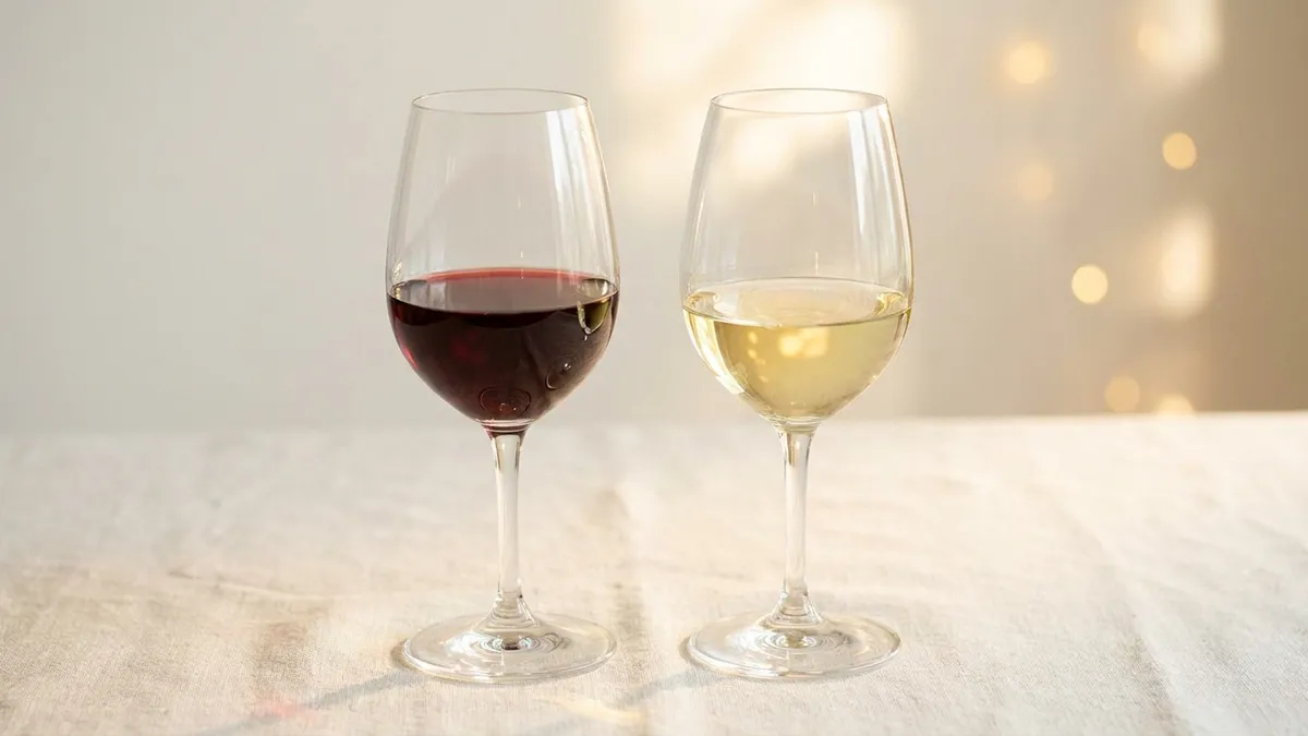 A glass of red wine and a glass of white wine side by side on a marble surface