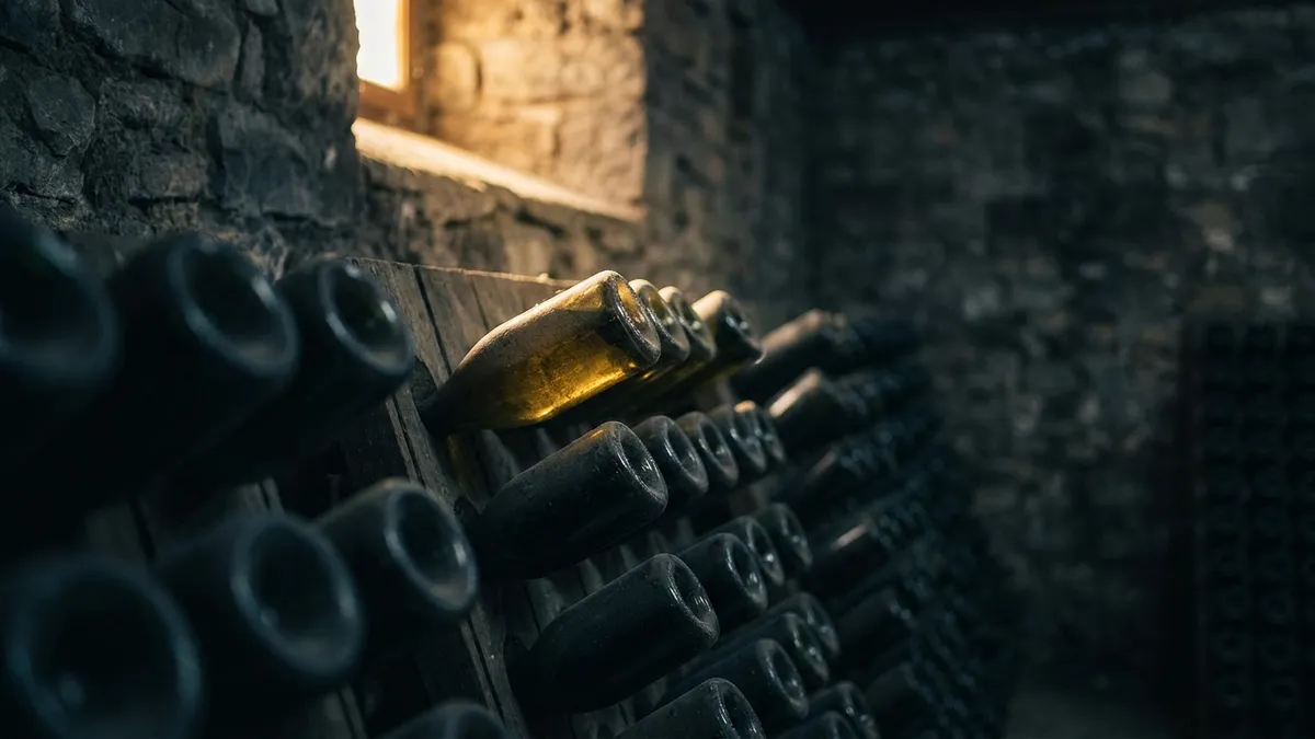 Rows of plain unlabelled wine bottles lying on their sides in a cool dim cellar rack, one bottle catching a warm shaft of light