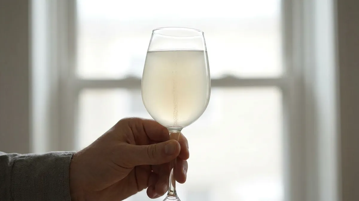 A glass of visibly hazy pale wine held up to a bright window, fine bubbles rising through the cloud