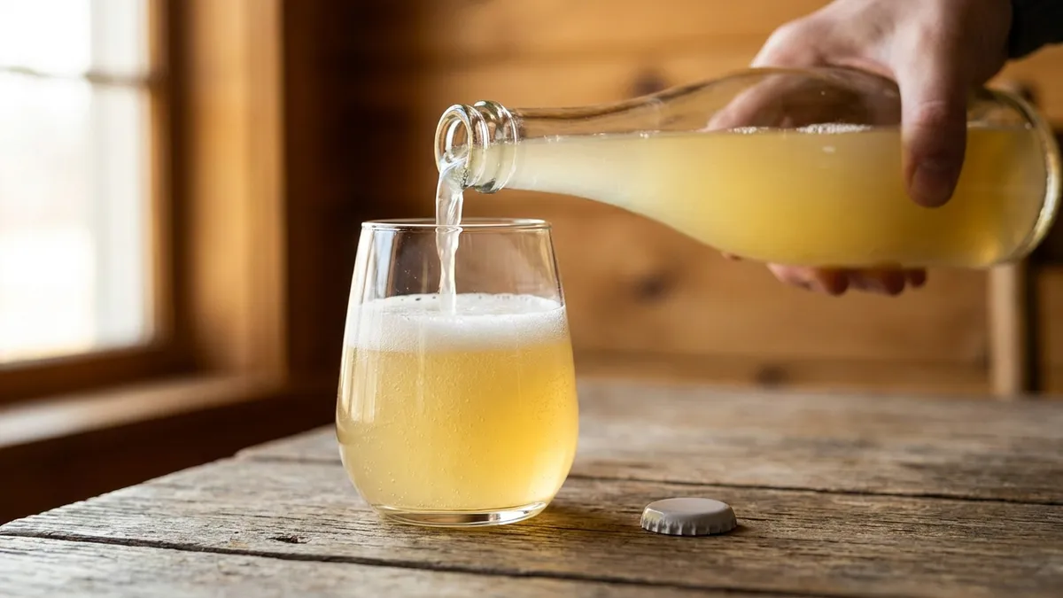 A crown-capped bottle of hazy pale pét-nat being poured into a stemless glass on a rustic wooden table, soft fizz rising