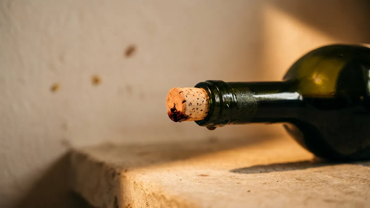 A wine cork pushed partway out of the neck of a dark bottle lying on a stone shelf, a stain of wine seeping past the cork