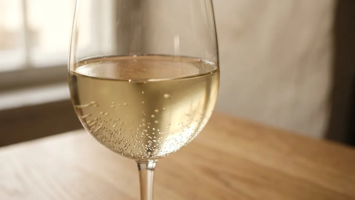 Fine bubbles clinging to the inside of a glass of pale white wine that was sold as a still wine, lit by warm window light